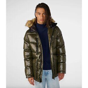 GUESS Hooded Solid Puffer Jacket Army Green Mens Size Large